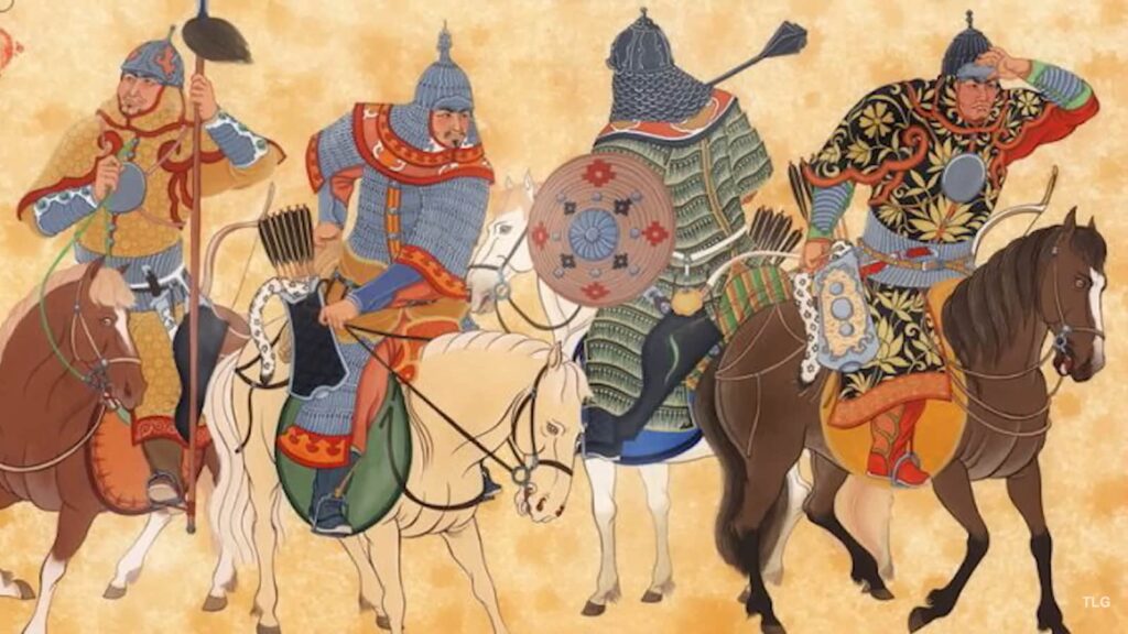 Colorful illustration of Mongol warriors on horseback in traditional armor