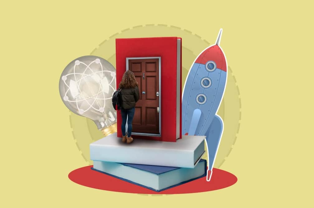 A woman stands before an oversized red door on a giant book with a rocket and lightbulb