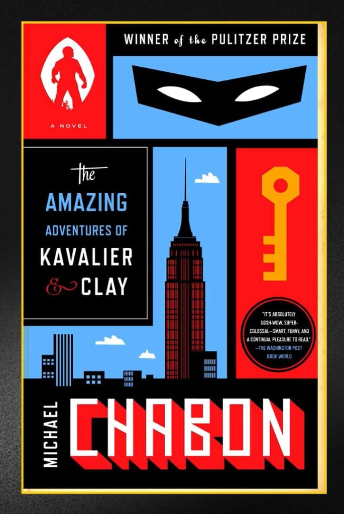 Bold red, black, and blue cover of "The Amazing Adventures of Kavalier & Clay" by Chabon