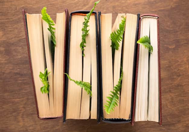 Top view of books with plants