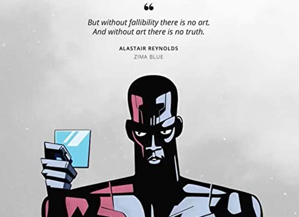 A graphic of a character holding a blue square with a quote from "Zima Blue"